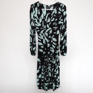 Vintage Bebe O Jersey Printed Teal Black Long Sleeve Midi Dress Made in USA XS